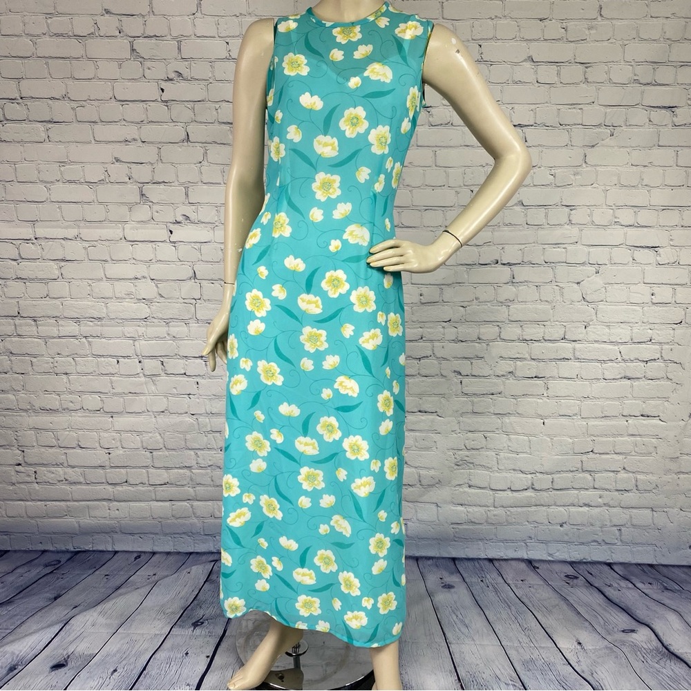 Vintage 90s Turquoise Maxi Floral Sleeveless Dress 5